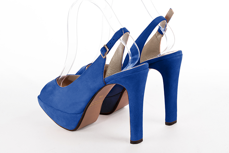 Electric blue women's slingback sandals. Round toe. Very high slim heel with a platform at the front. Rear view - Florence KOOIJMAN